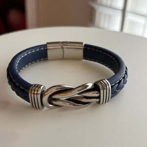 Men's LYNX Stainless Steel & Navy Braided Leather Bracelet